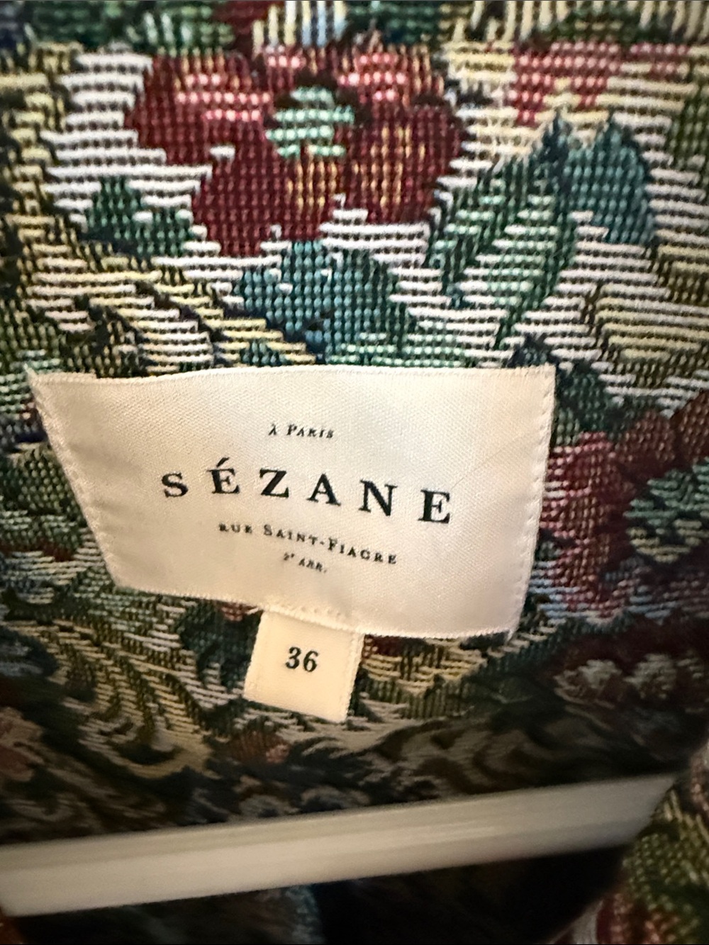 Sezane Brocade Floral Jacket in Green, Burgundy and Cream - Picture 3 of 3